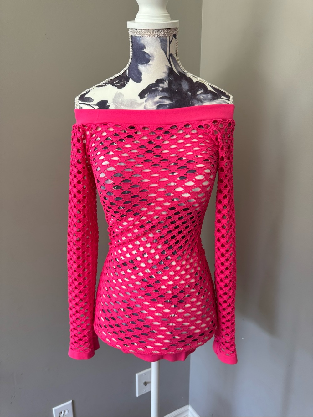 Y2K Candy Couture Neon Pink Fishnet Long Sleeve Stretchy Nylon/ Spandex Top